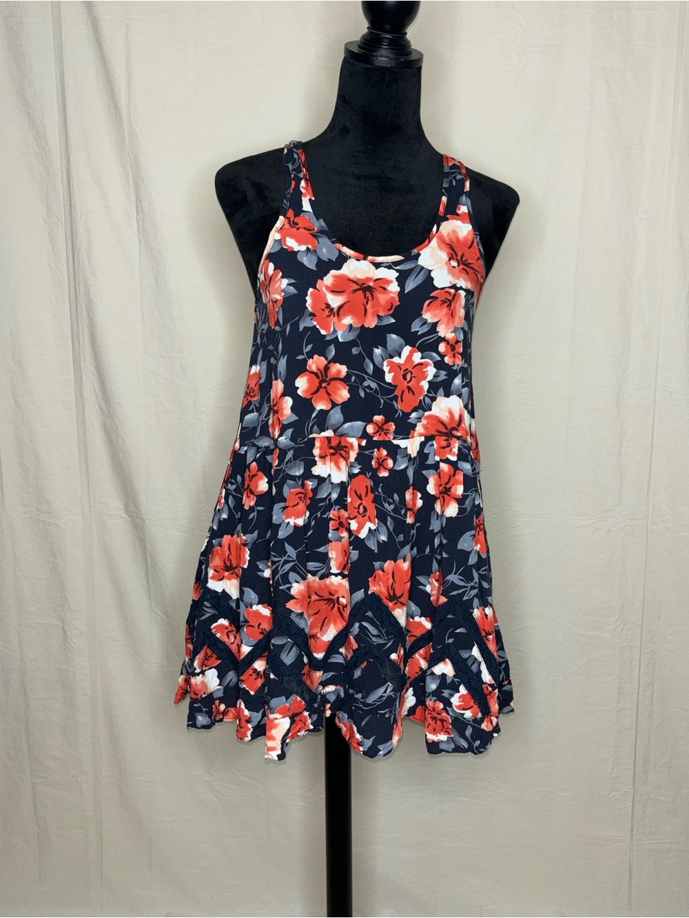 Elodie Navy Floral Tank with Coral & White Blooms